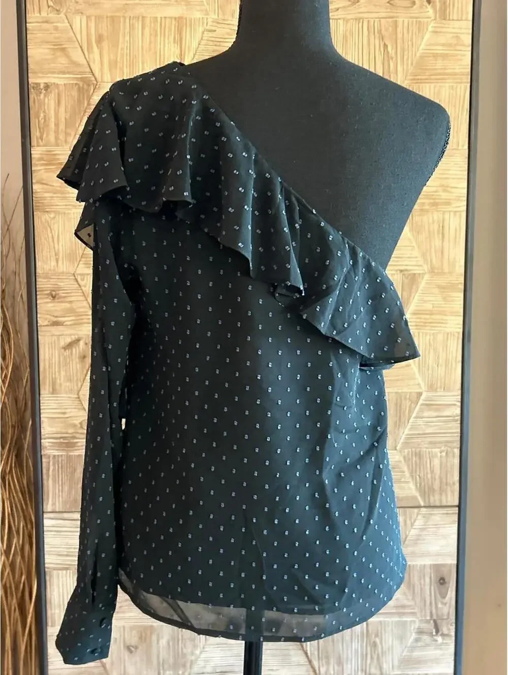 NWT Avec Les Filles Black Blue Polka Dot One Shoulder Ruffle Blouse Small Sheer